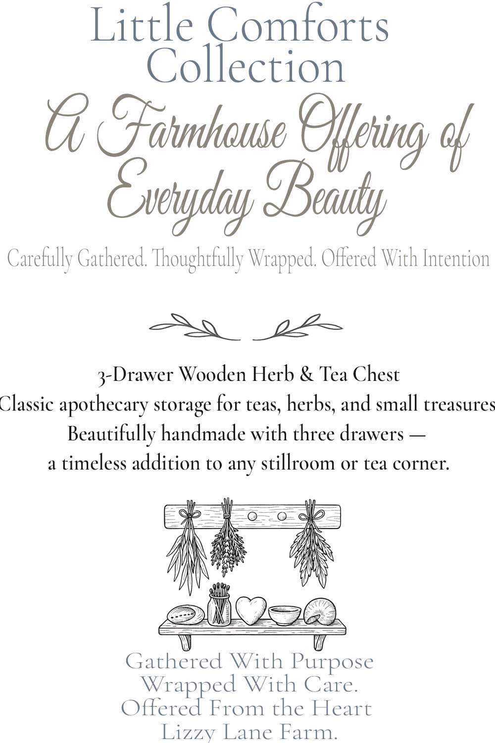 product description hover card for wooden 3 drawer tea chest. uses and details