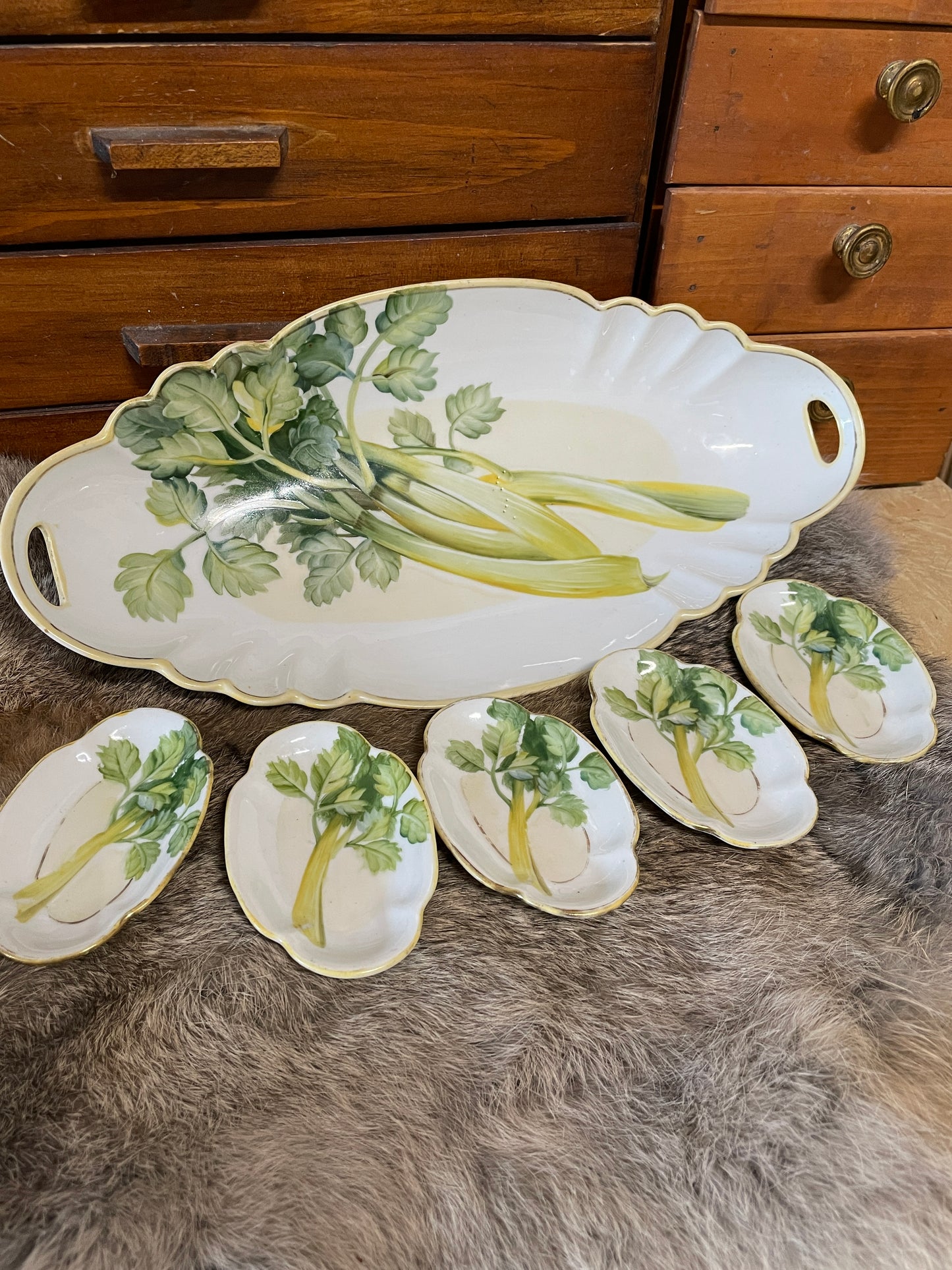 Vintage Porcelain Nippon Celery Dish and Salt Cellar Set (rare pattern)