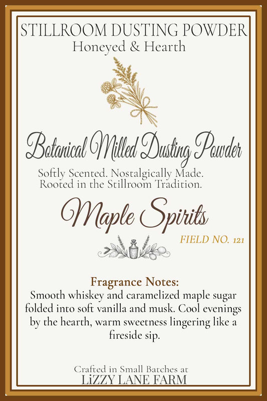 Maple Spirits Dusting Powder — talc-free body powder with whiskey, maple sugar, and vanilla musk, part of the Honeyed & Hearth Collection