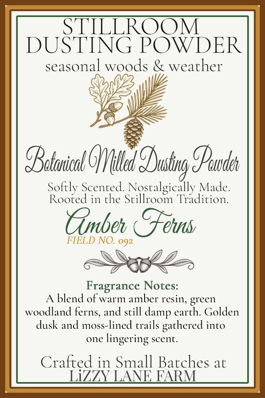 Information Hover Card For Amber Ferns Dusting Powder Part of the Seasonal Woods & Weather Dusting Powder Collection.