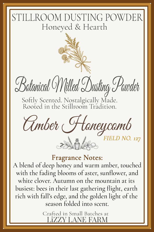 Hover information card for amber honeycomb dusting powder. includes fragrance notes, field no. 127.