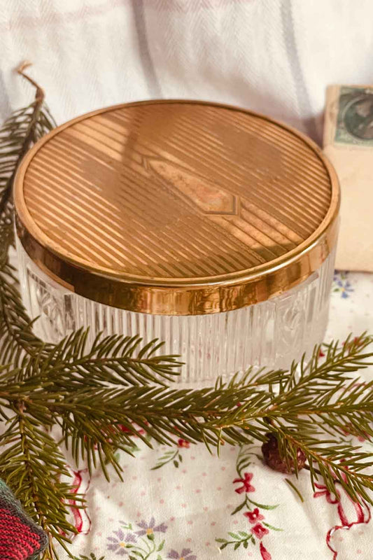 Vanity Dish No. 09- Vintage Art Deco Brass Powder Dish Set — Winter Crest Vanity Dish with Lavender Dragée Powder | Holiday Gift for Her
