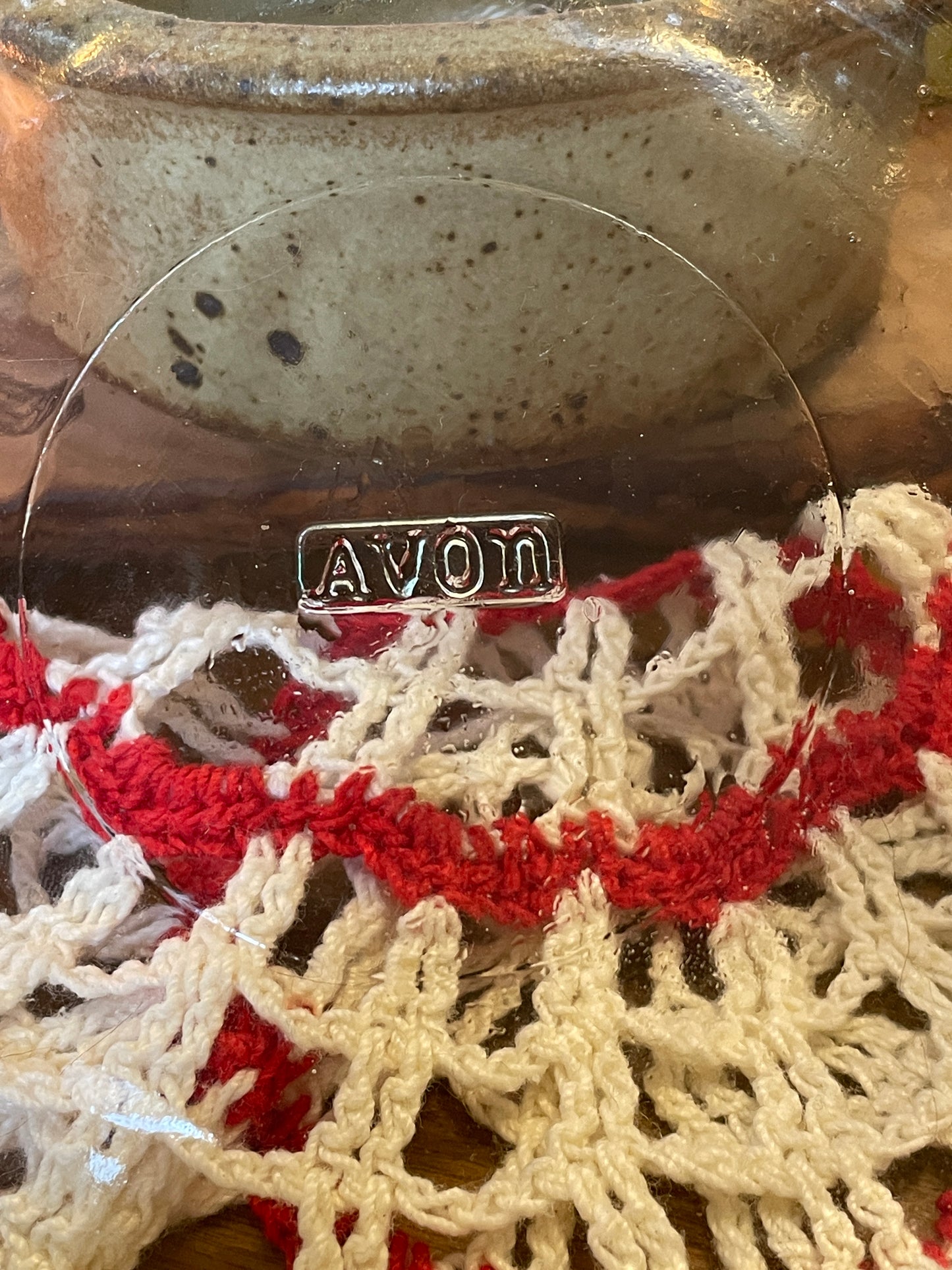 Vintage Powder Jar Gift Set- 1060s Press Cut Avon®Crystalique Powder Dish made by Fostoria the bottom of the dish with the avon logo