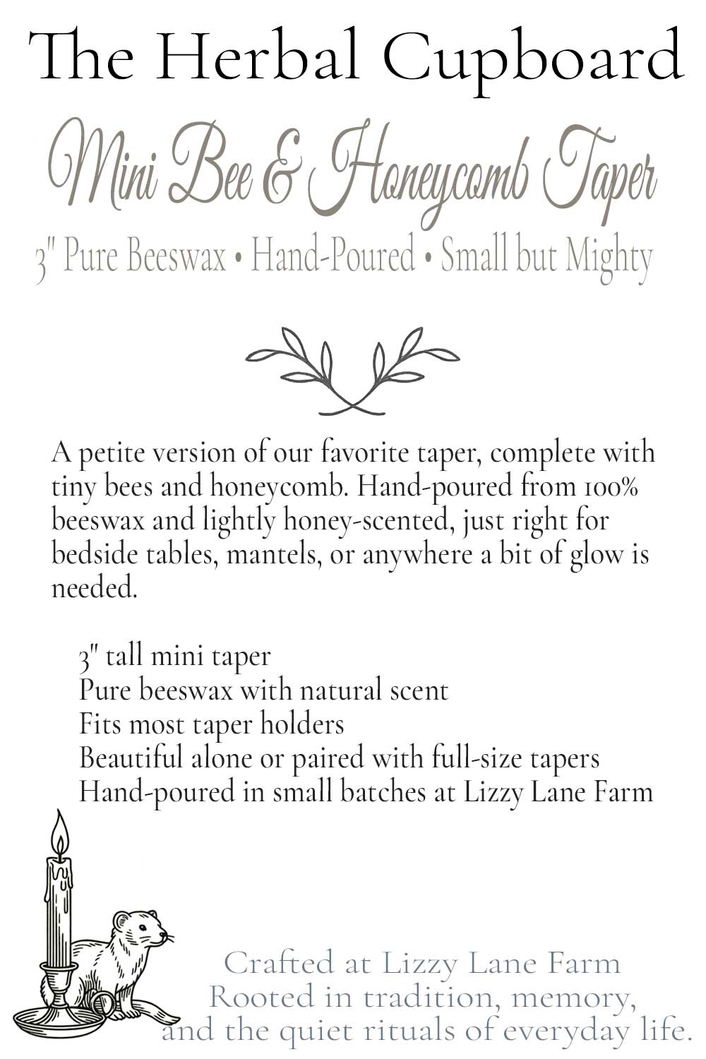 information hover card for mini bee and honeycomb taper beeswax candles
