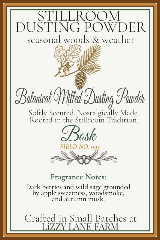 Bosk Hover Card With Scent Information. Fall Weather, Seasonal Woods & Weather Dusting Powder Collection.. Hover Card Information