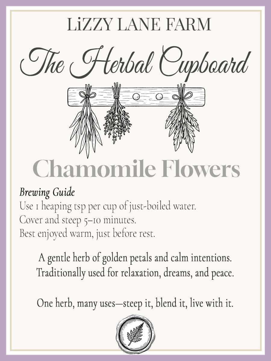 a close up of our chamomile tea brewing guide, included with every bundle of freshly packaged single essence tea