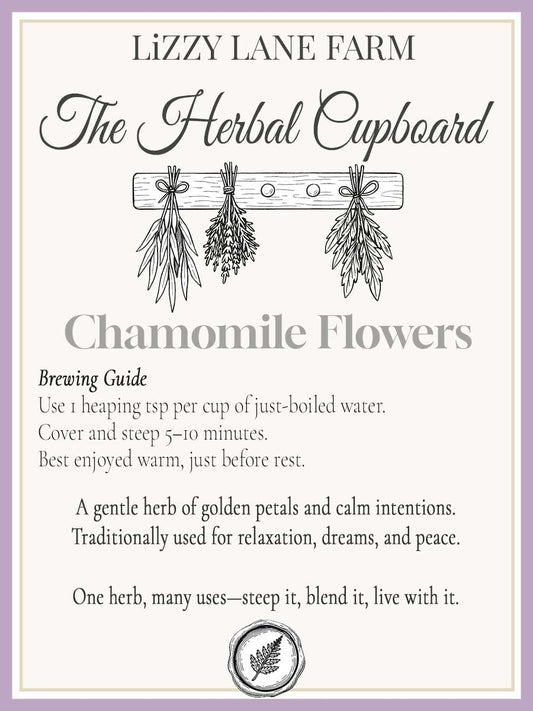 a close up of our chamomile tea brewing guide, included with every bundle of freshly packaged single essence tea
