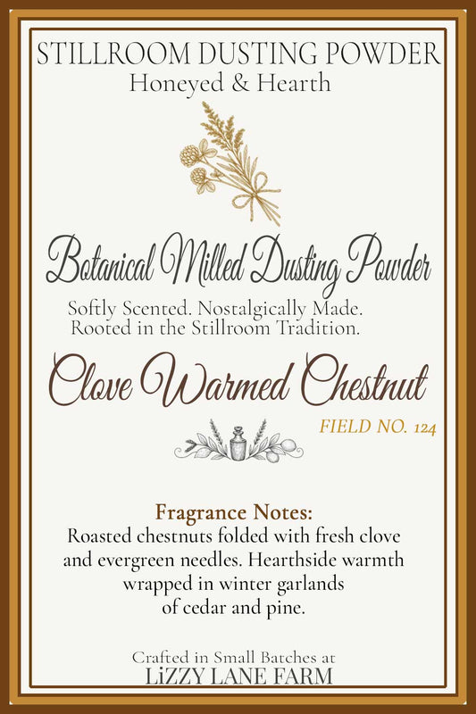 Clove-Warmed Chestnut Dusting Powder in sample size archive envelope — talc-free holiday body and linen powder with roasted chestnut and clove aroma.
