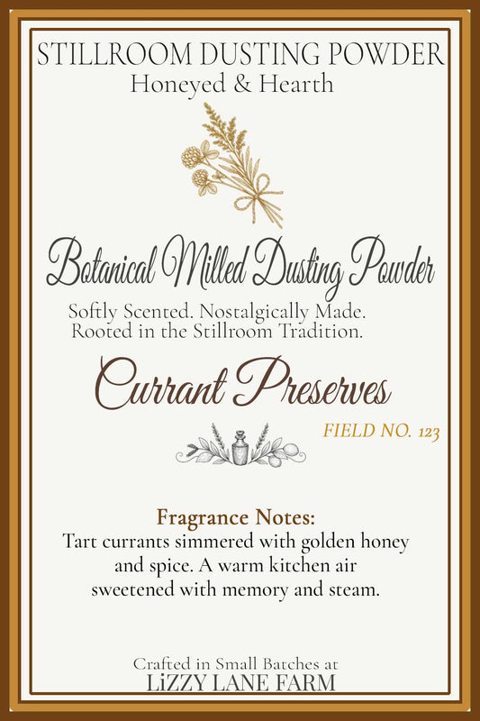 Currant Preserves Dusting Powder — talc-free body and linen powder with honey-spiced red currant aroma.