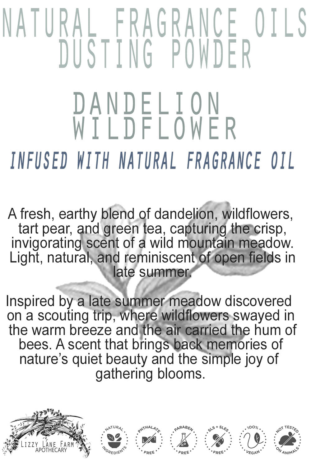 A close-up of the product description card, elegantly styled with botanical illustrations and soft, vintage-inspired fonts. The card highlights the fragrance’s fresh, earthy notes and natural inspiration.