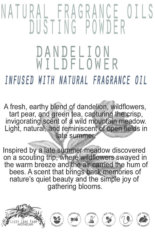 A close-up of the product description card, elegantly styled with botanical illustrations and soft, vintage-inspired fonts. The card highlights the fragrance’s fresh, earthy notes and natural inspiration.