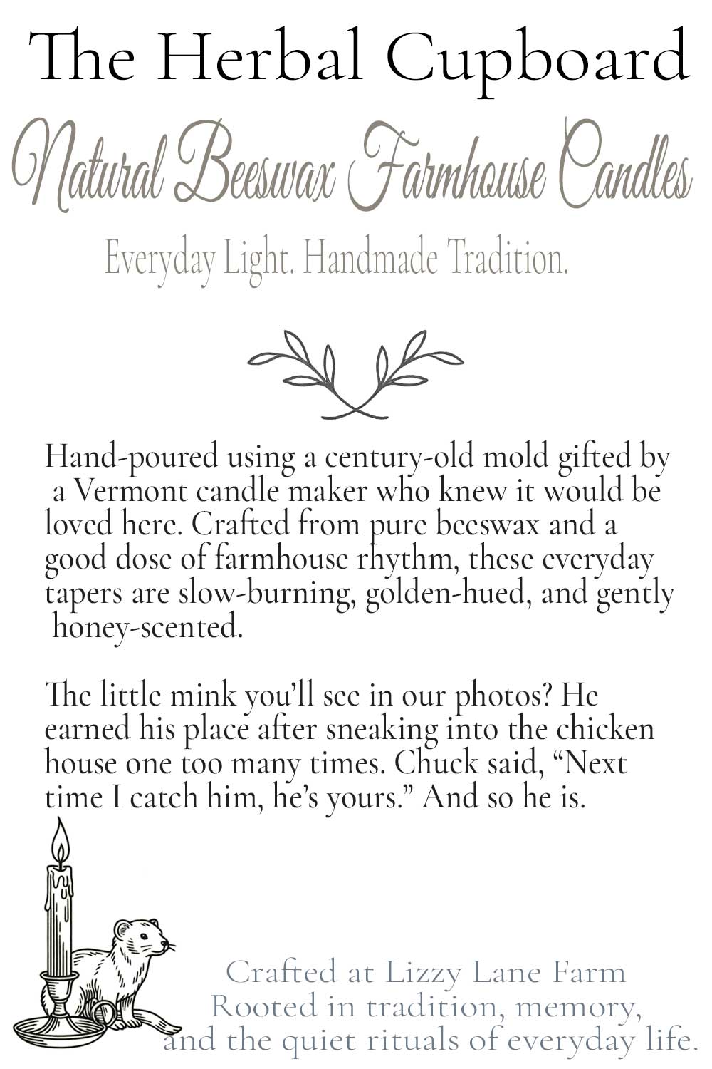 farmhouse beeswax taper candles hover card with story and information