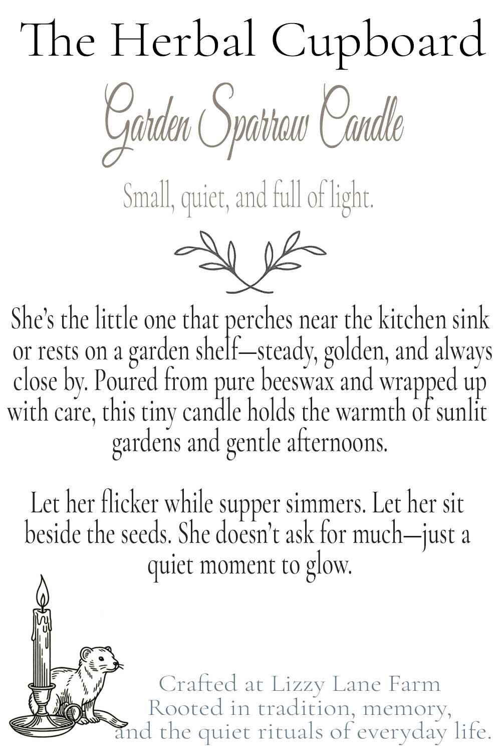 information hover card for the cute garden sparrow beeswax candle from lizzy lane farm