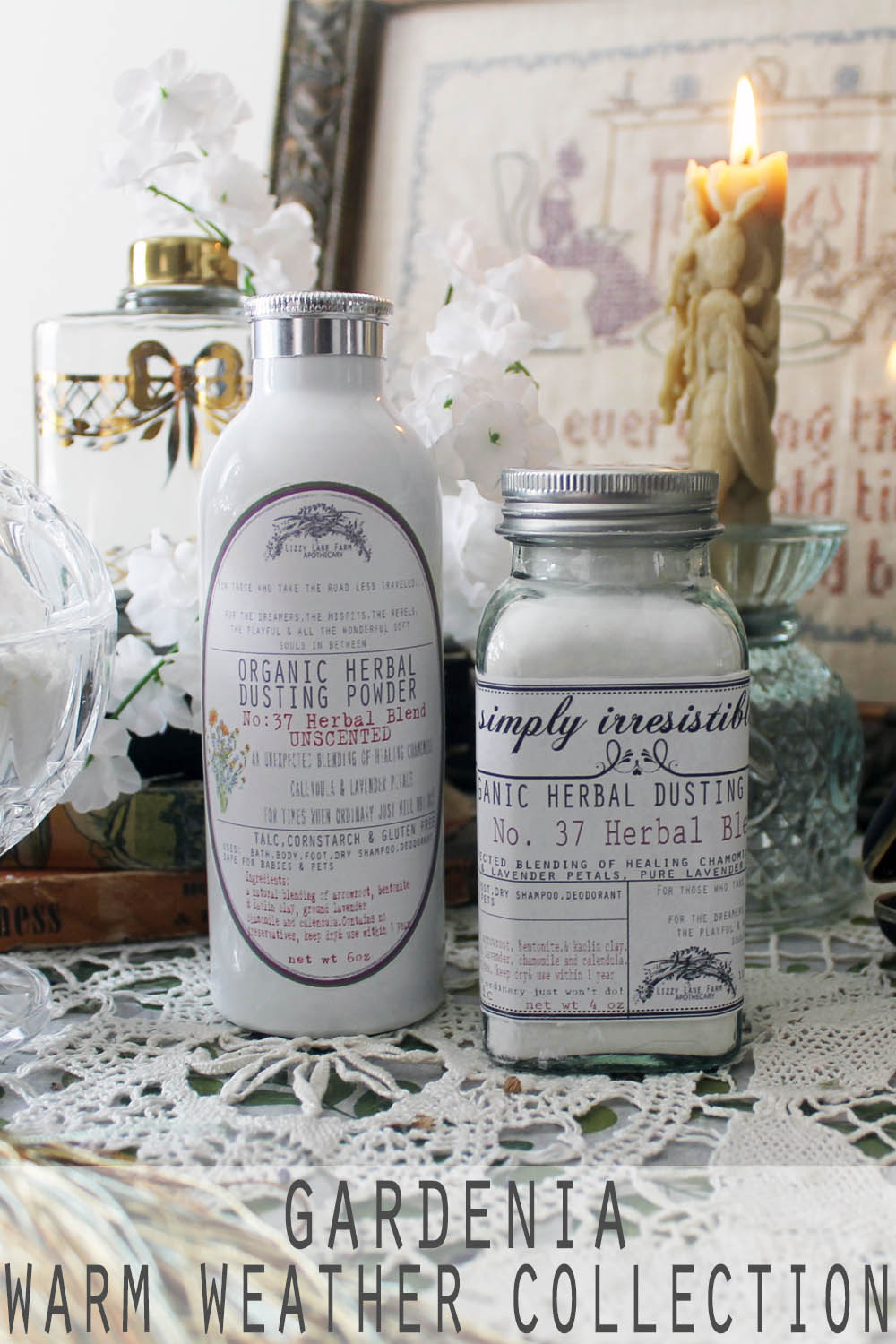 A vintage-style glass apothecary bottle and a brushed aluminum shaker bottle rest on a classic wooden dresser, surrounded by delicate lace and a flickering candle, creating a serene atmosphere evoking the timeless charm of a blooming garden.