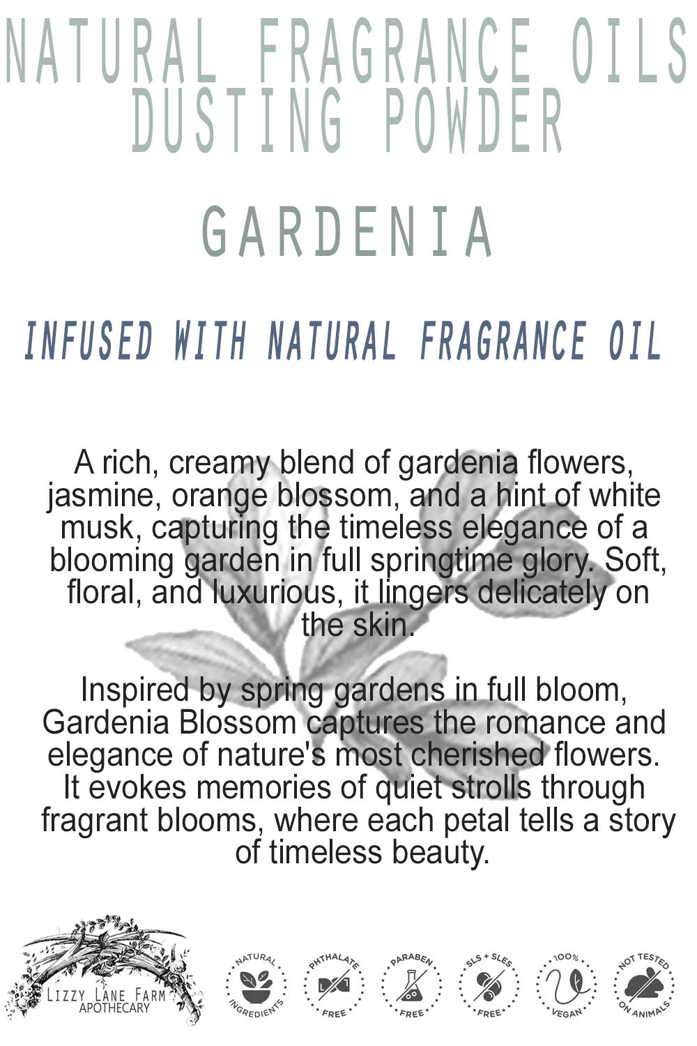 The product card for Gardenia Blossom Dusting Powder elegantly features a soft, floral design with gentle, pastel hues, reflecting the delicate, creamy fragrance of gardenia and the lush beauty of a spring garden in bloom.