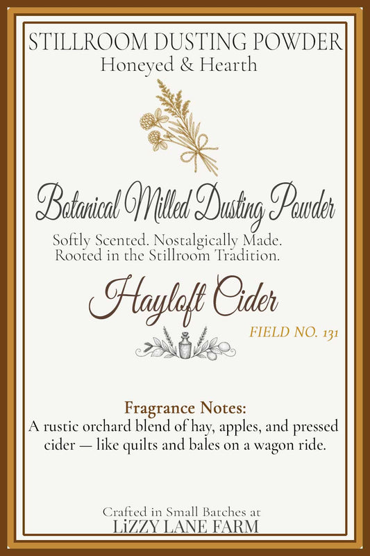 Autumn hayrides and fireside cider, quilts tucked against the chill. Rustic and spiced, orchard-bright, and warmly nostalgic. Fall and winter inspired dusting powder