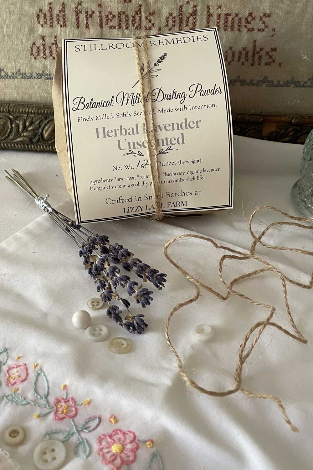 Stillroom Blend dusting powders – lavender herb and oil infused talc-free body powder with archival specimen-style cards.