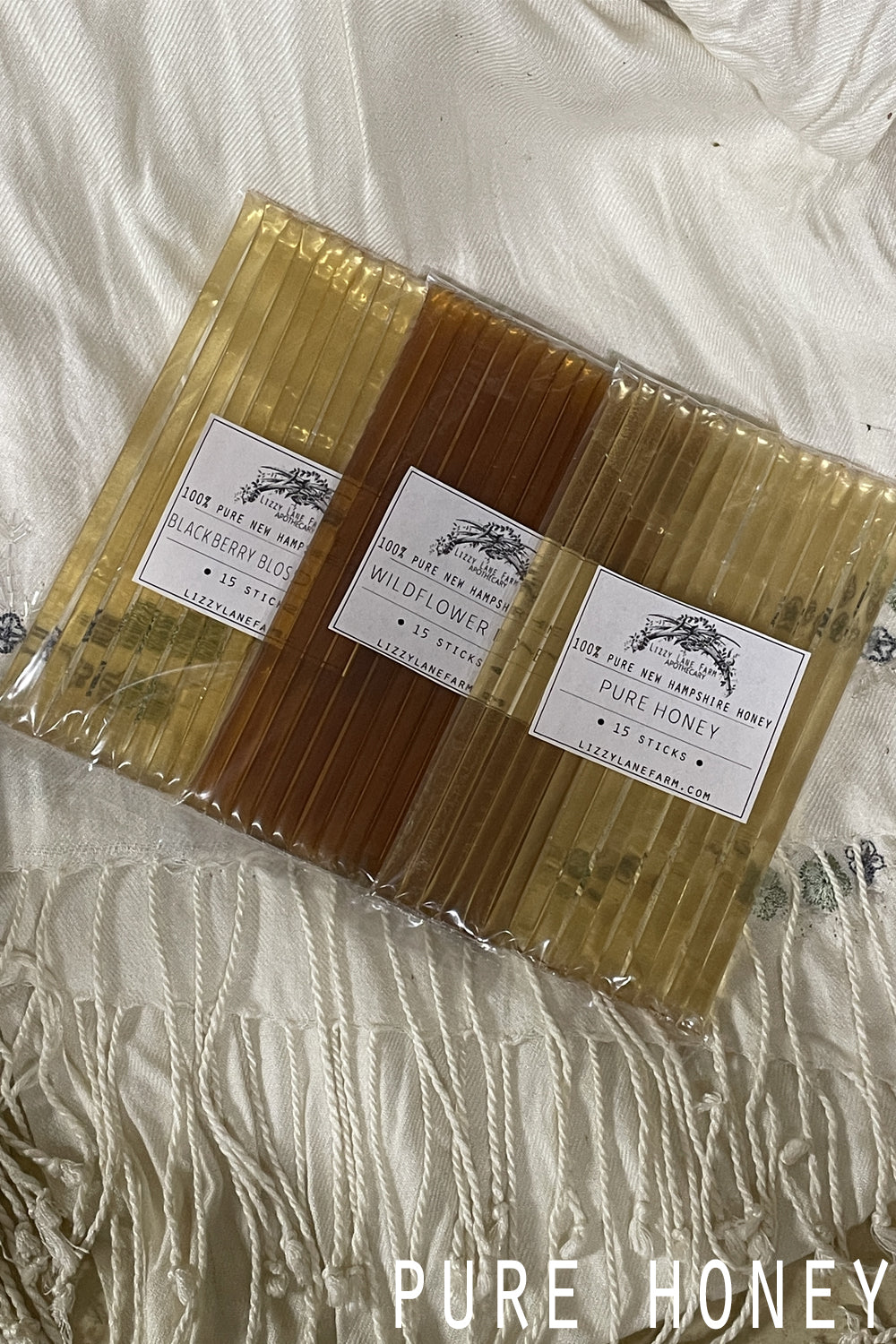 a set of each natural honey sticks, a sweet additions to tea collection