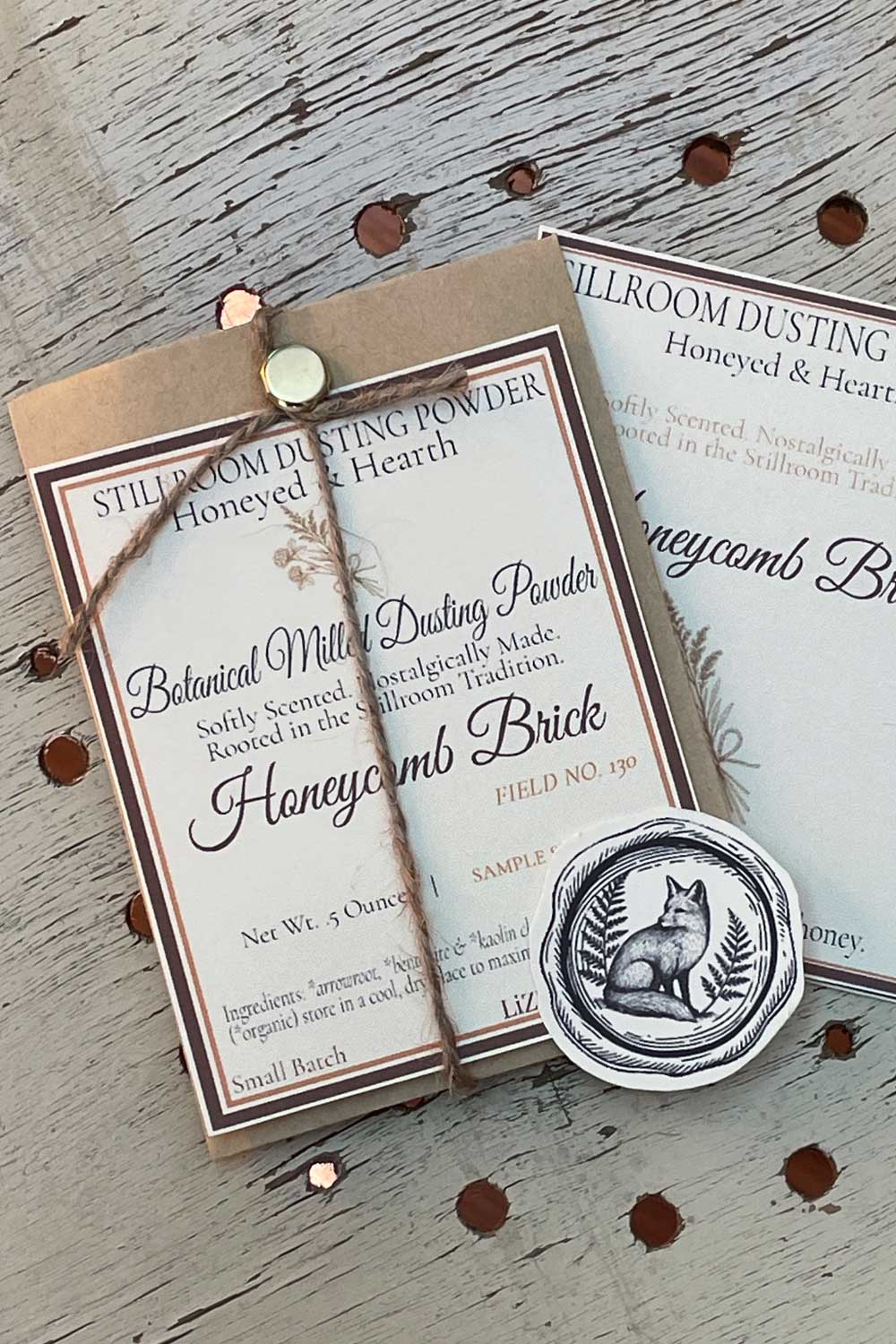Honeycomb brick seasonal dusting powder with packaging and a seal on a wooden surface