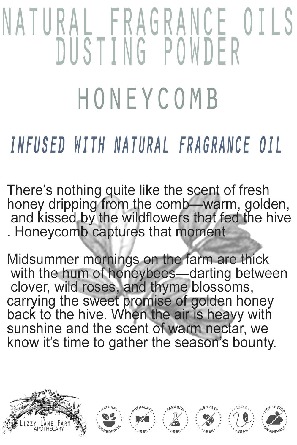 A vintage-inspired product card for Honeycomb dusting powder, featuring elegant typography and warm, golden hues. The card highlights the scent’s rich honey aroma, infused with the essence of wildflowers and farm-fresh sweetness, evoking the simple beauty of a sunlit hive in midsummer.