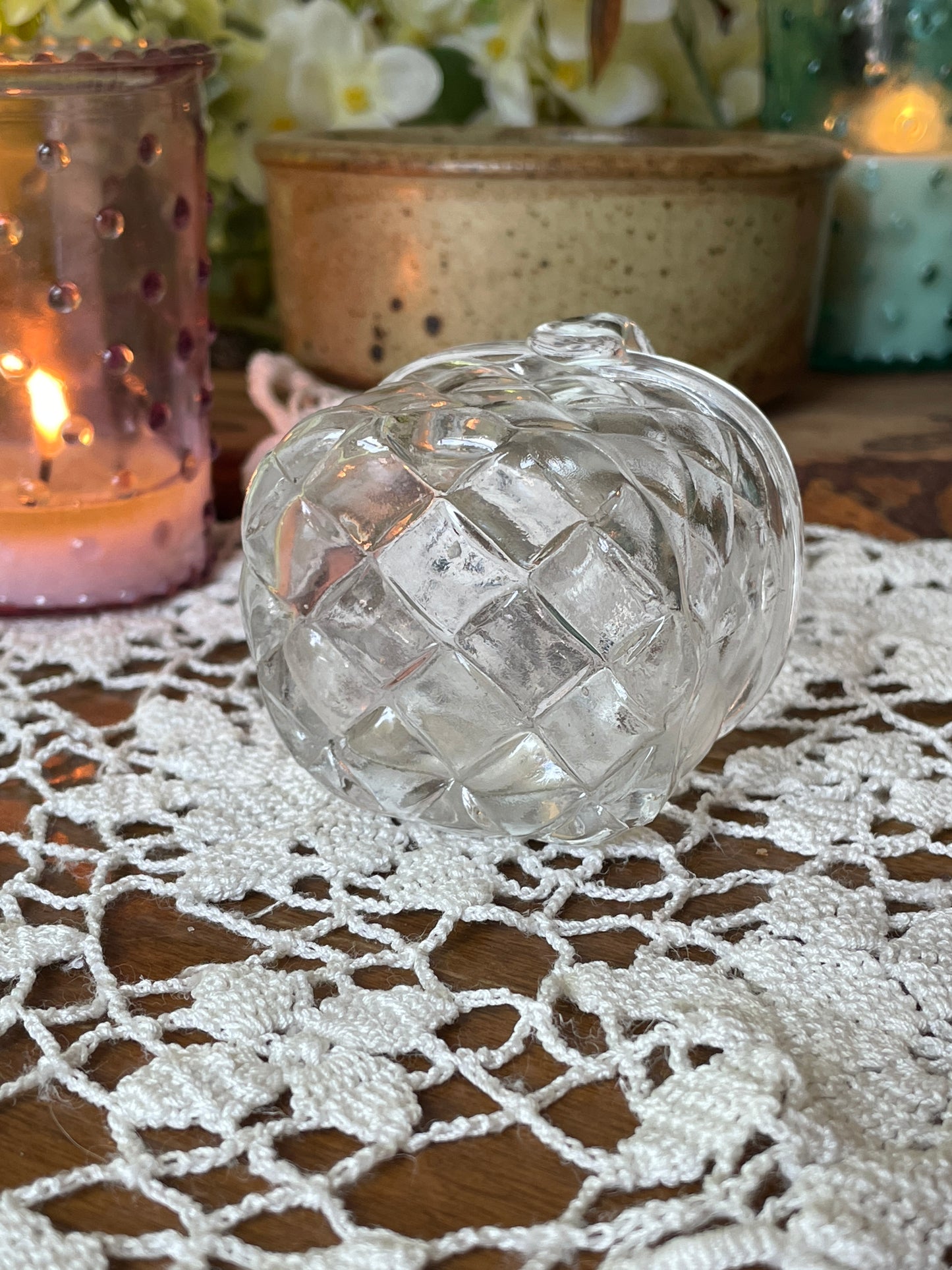Vintage small glass basket, small glass candy or notions dish