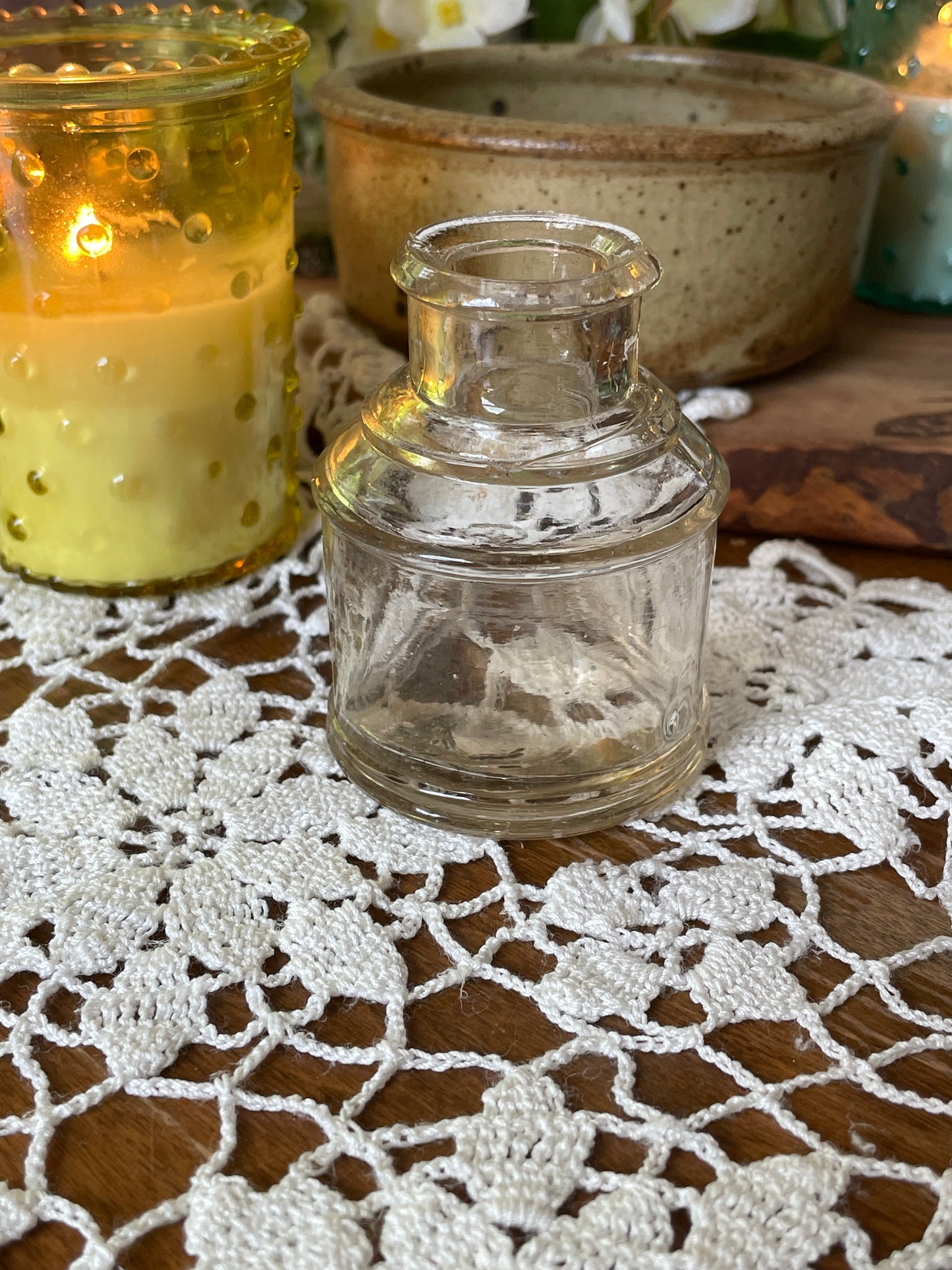 Victorian Clear Glass Ink Bottle, ribbed with pen rest, old ink well, calligraphy