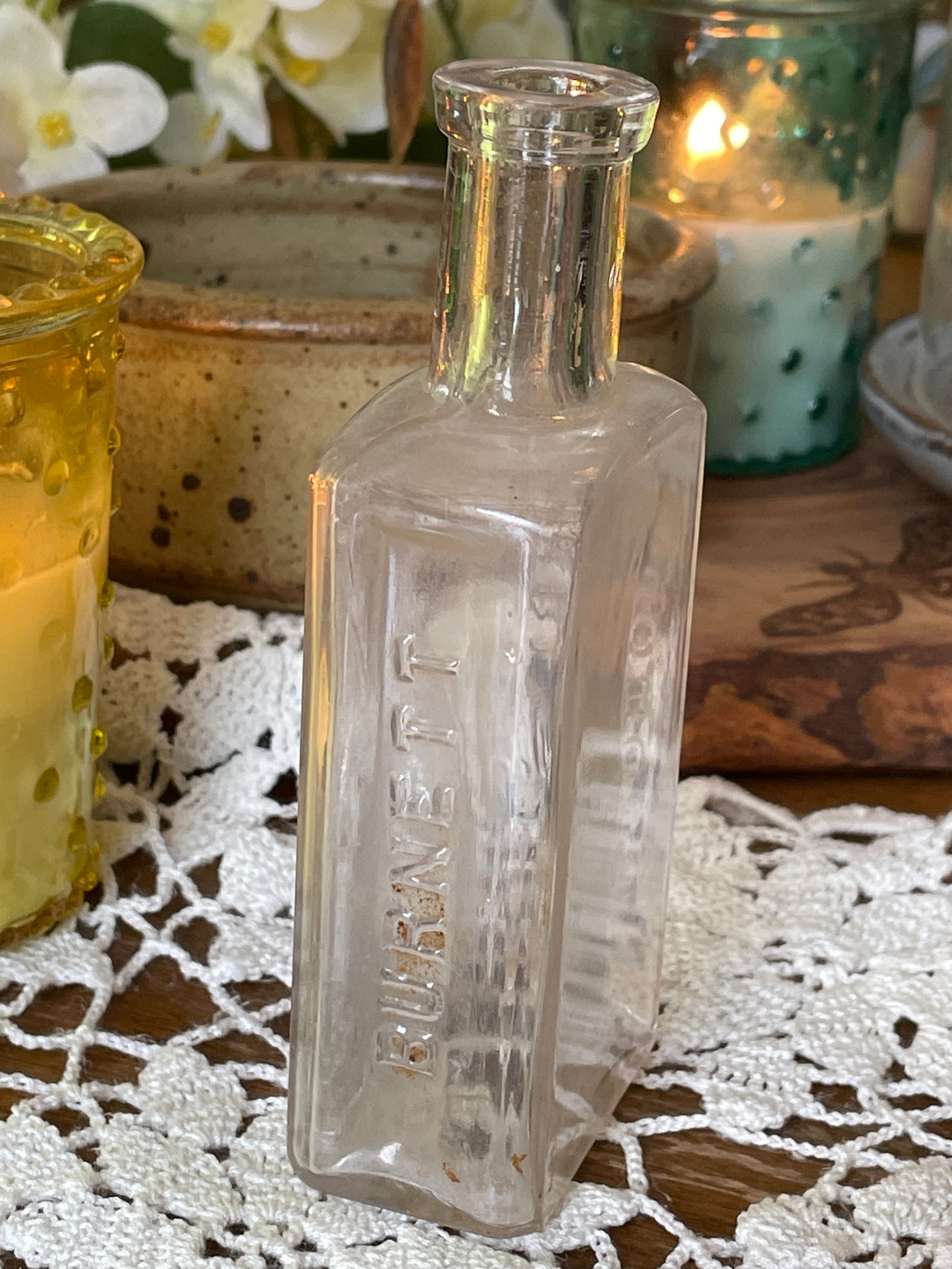 Vintage Square Glass Bottle-Burnett, Boston, Cork Top Bottle