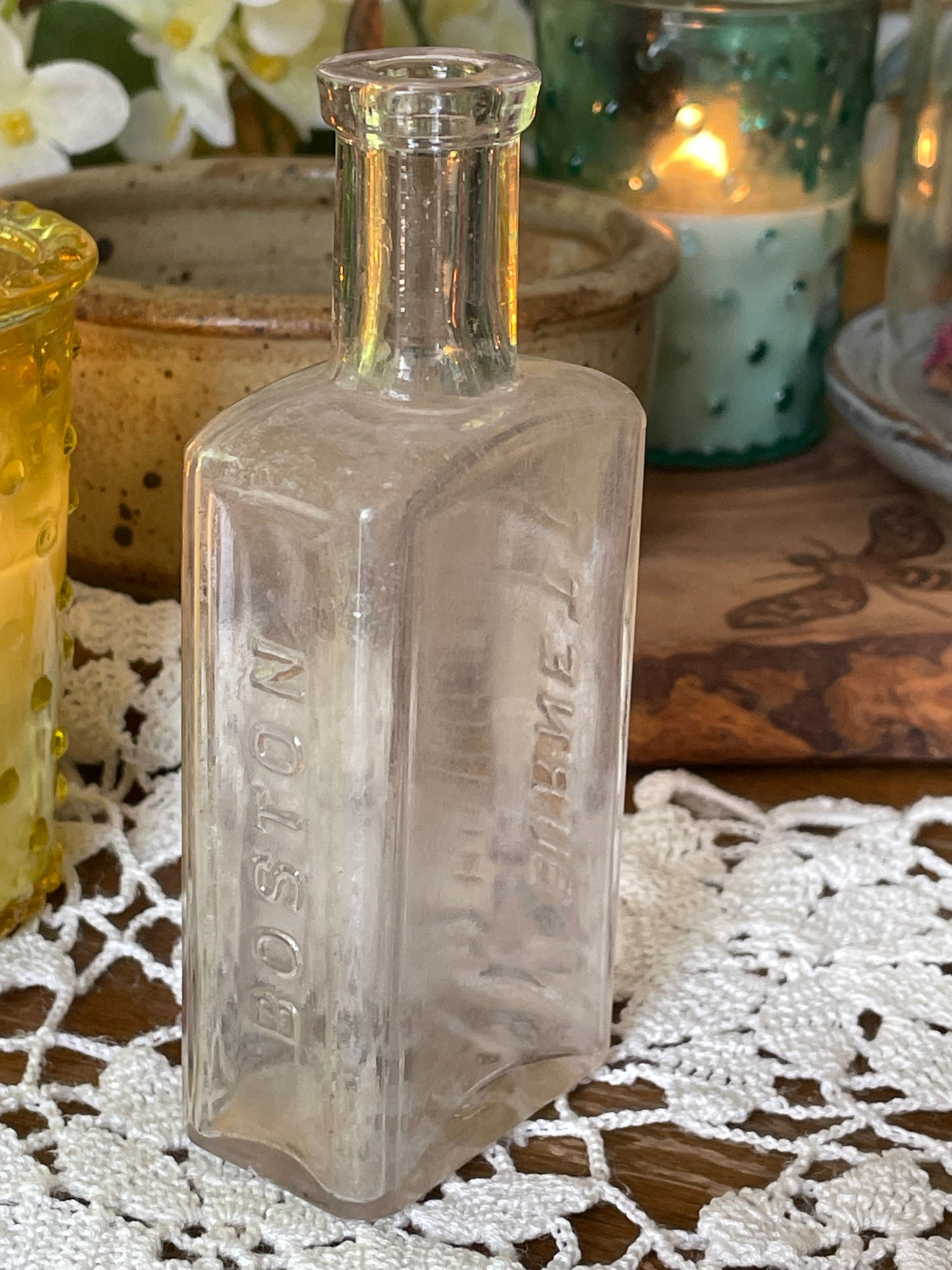 Vintage Square Glass Bottle-Burnett, Boston, Cork Top Bottle