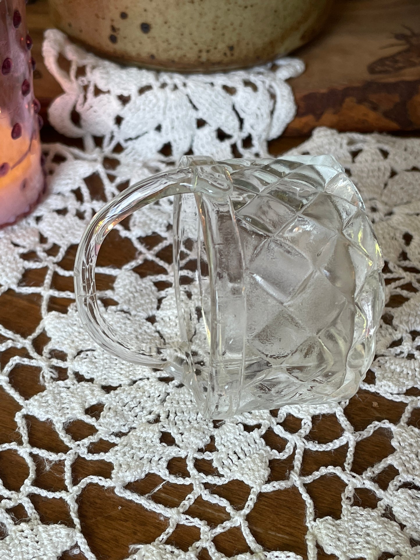 Vintage small glass basket, small glass candy or notions dish
