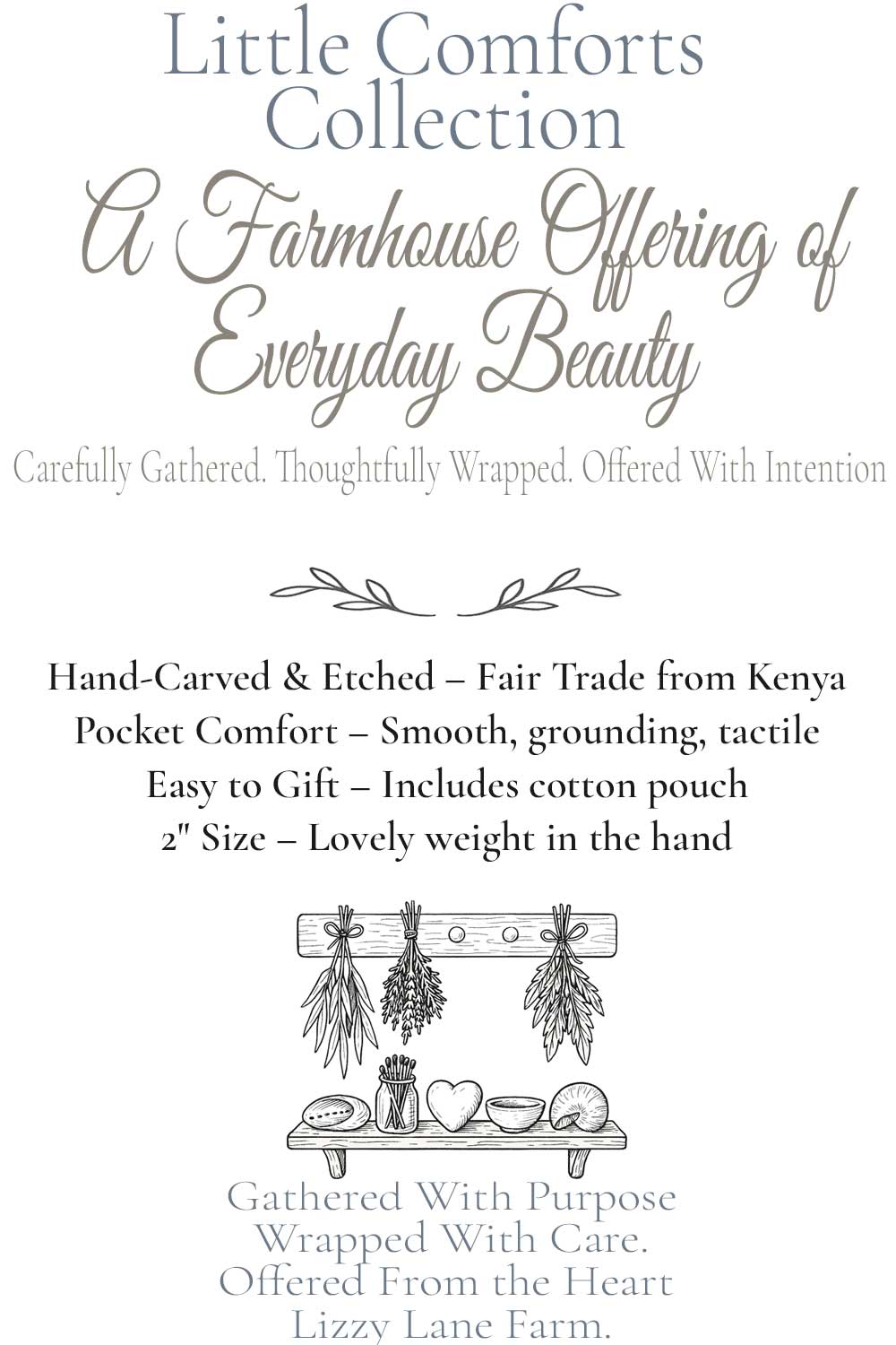 product description card for large carved soap stone hearts. hand carved stone heart, a pocket comfort, worry stone.