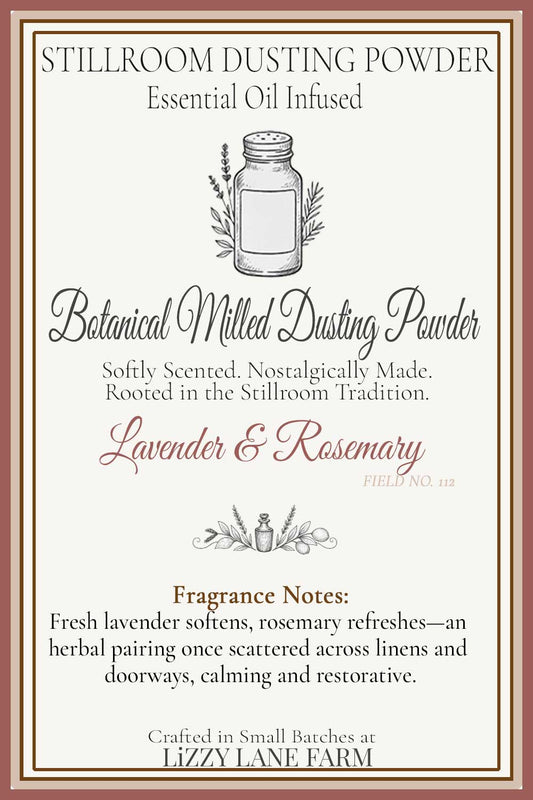 Lavender & Rosemary Dusting Powder fragrance notes card — Essential Oil Infused Stillroom Collection, Field No. 112, with vintage shaker illustration.