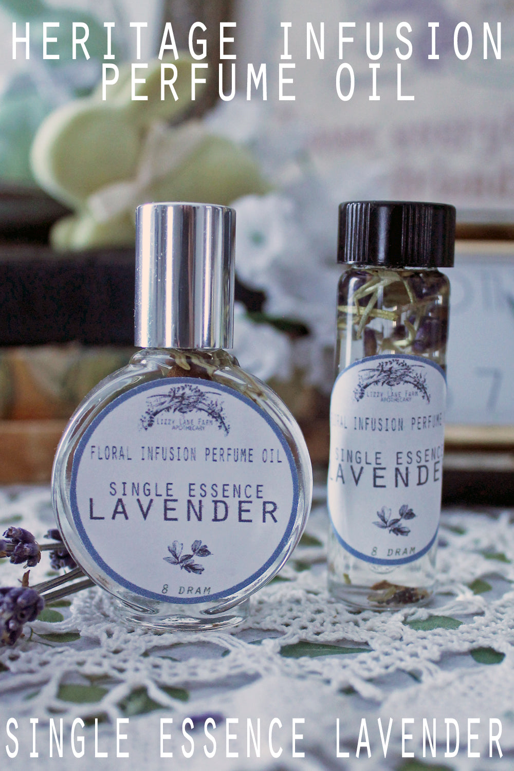 lavender perfume oil, lavender infusing in a vintage styled bottles.