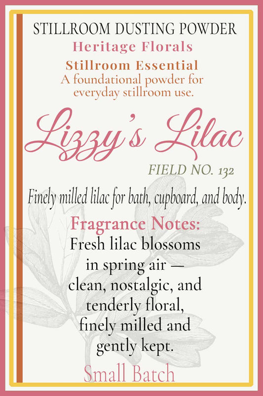 hover description card lizzy's lilacs dusting powder. freshly milled.