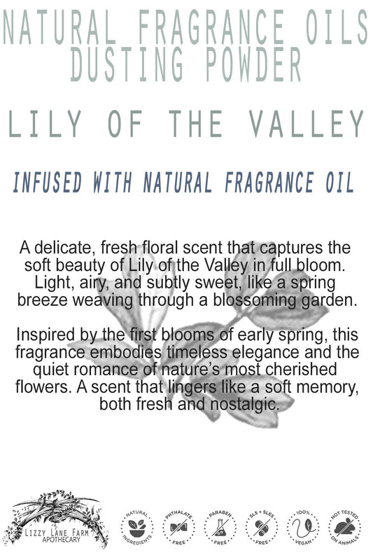 A delicate product card sits atop a folded linen cloth, adorned with botanical illustrations. The soft, elegant design reflects the timeless beauty and romantic charm of Lily of the Valley.