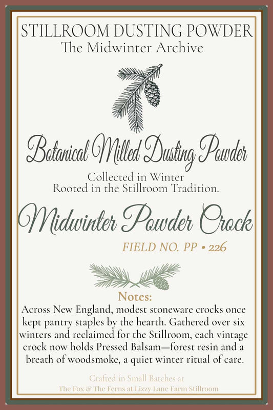 hover informational card- midwinter powder crock, the making of the powder and the vintage crock