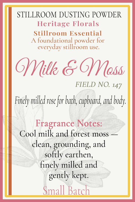 Product label for Milk & Moss Stillroom Dusting Powder with floral design and text.