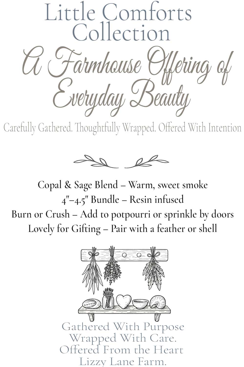 mountain sage and white copal resin herb bundle info card. Part of the little comforts collection at lizzy lane farm.