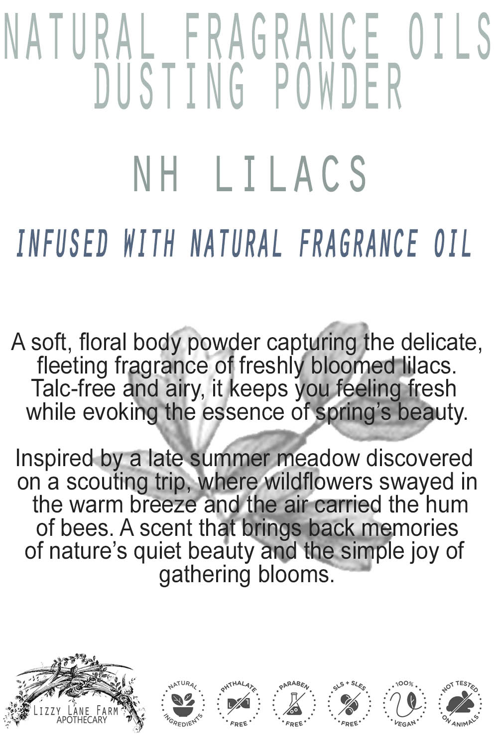 A beautifully styled product card with delicate lilac illustrations and elegant vintage typography. The card highlights the powder’s natural ingredients and its connection to New Hampshire’s lilac-filled springtime.