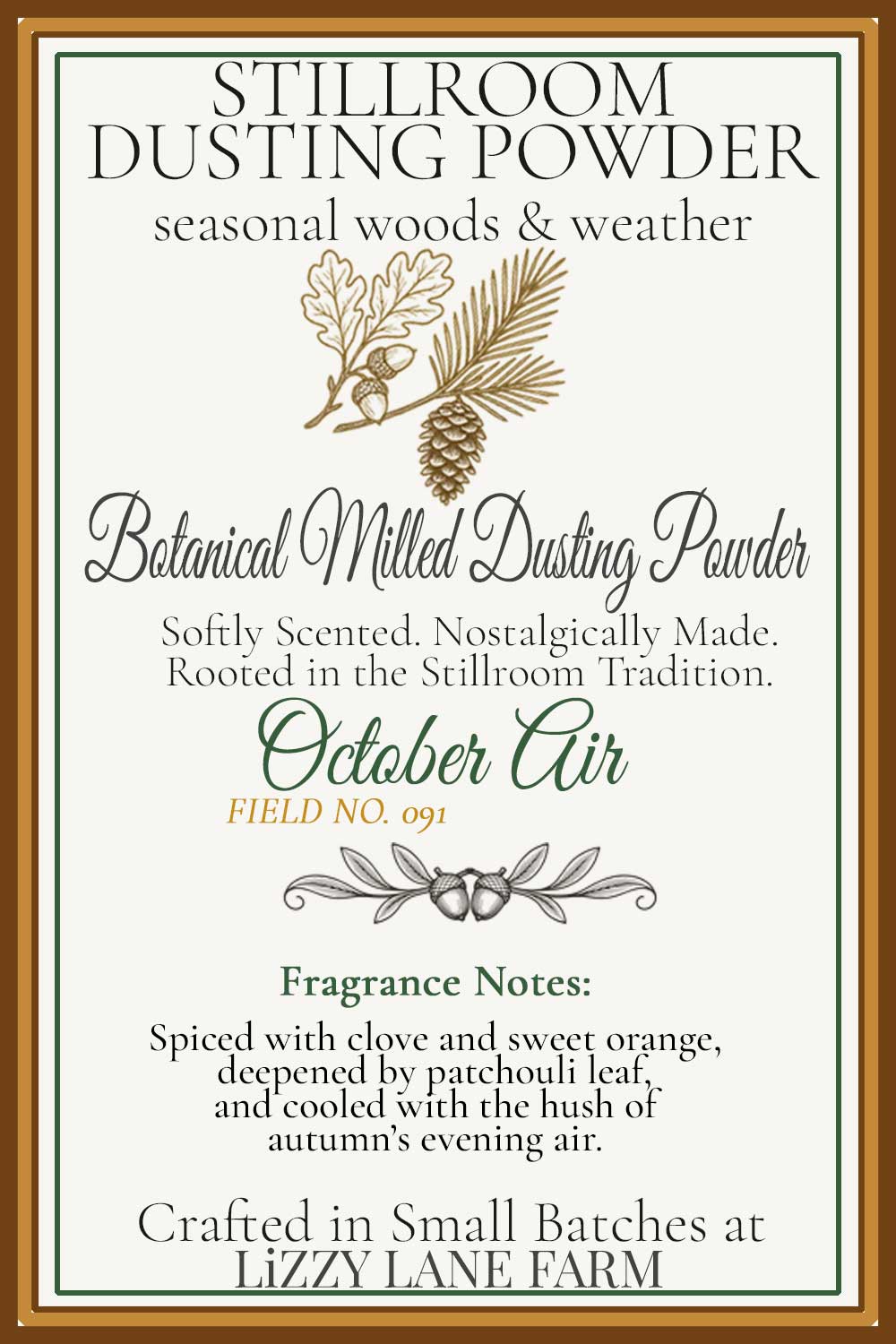 Stillroom Dusting Powder, October Air scented information hover card. Scent description and field No.