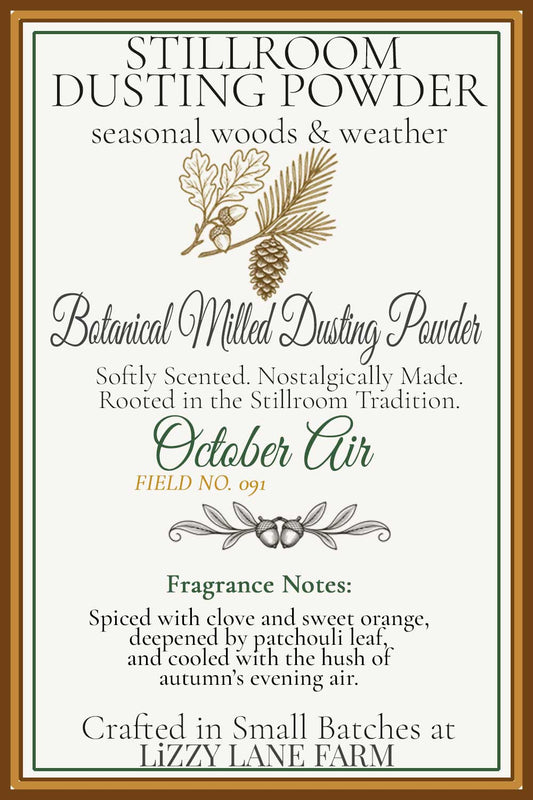 Stillroom Dusting Powder, October Air scented information hover card. Scent description and field No.