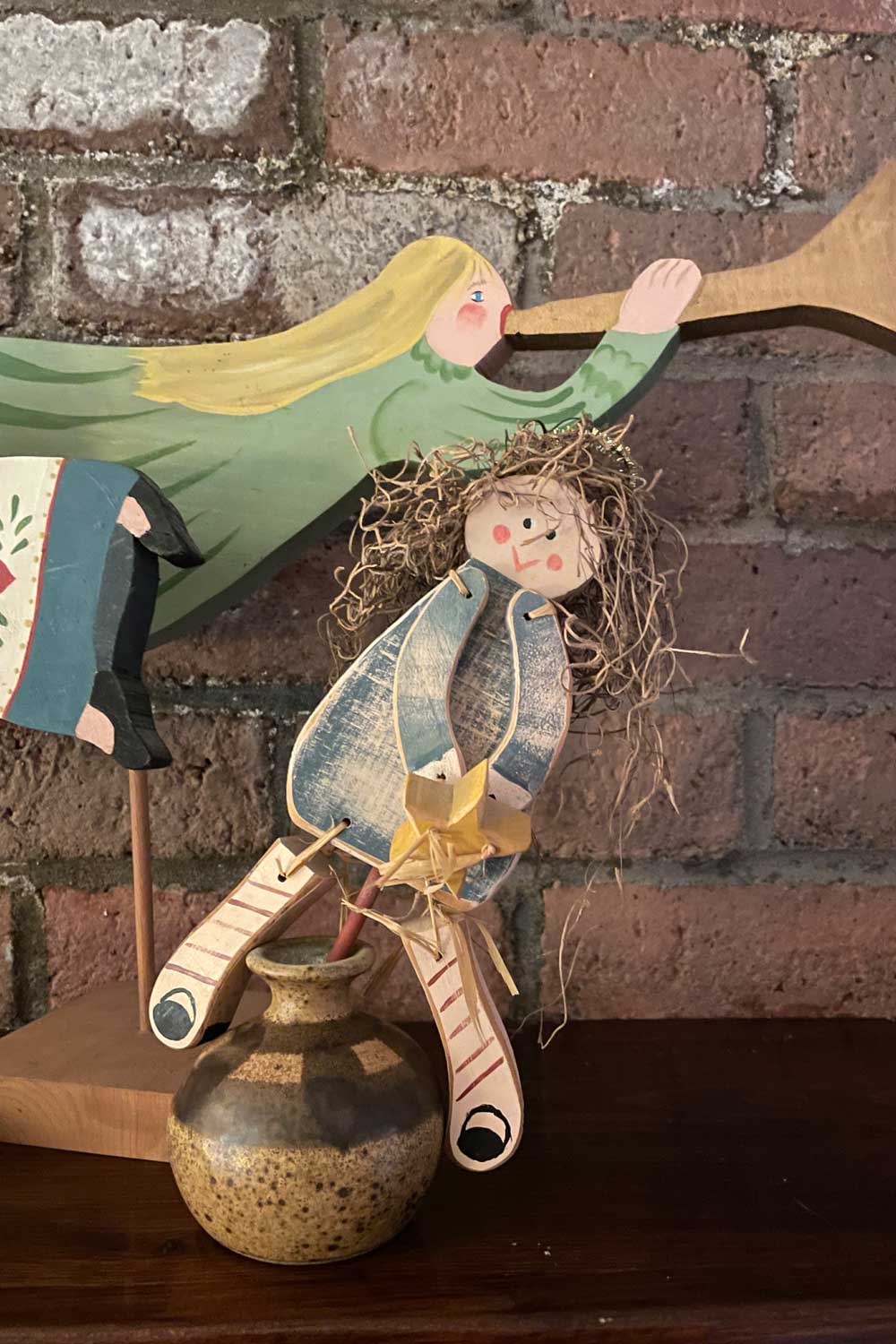 Susan’s Hand Painted Wooden Angel Set – Folk Art Trumpet Angels with Doll – Primitive Americana Mantel Decor