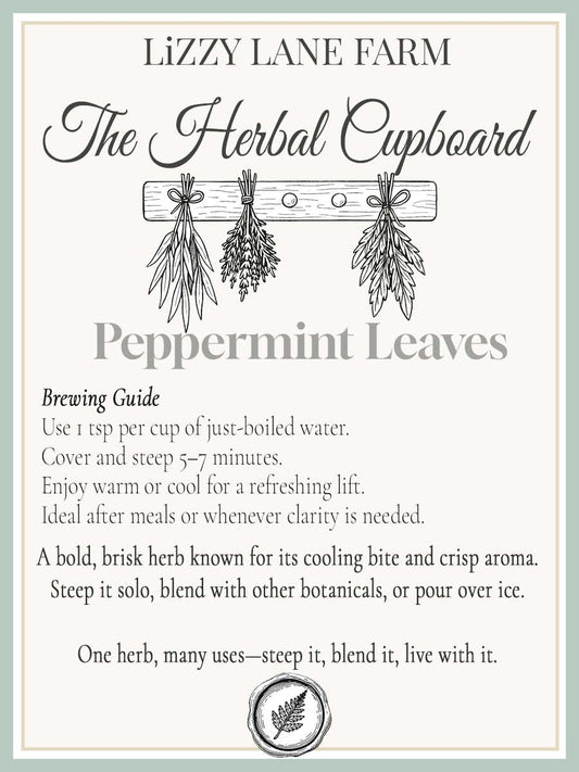 a close up of the peppermint tea brewing guide included with every bundle of freshly harvested peppermint for tea making.