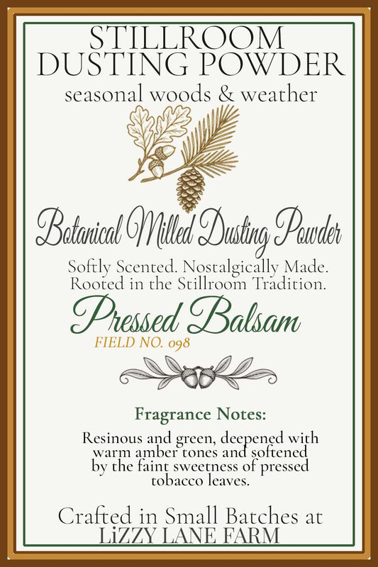 hover card for pressed balsam dusting powder, fall powder scent description