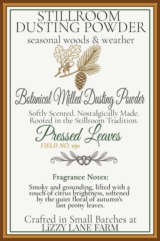 Pressed Leaves fall dusting powder label with fragrance notes of woodsmoke, citrus, and fading peony