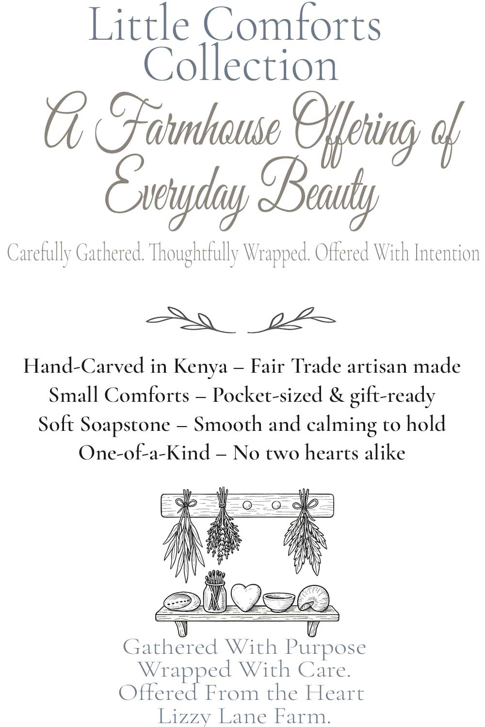 info card details about the carved red heart stones. part of the little comforts collection at lizzy lane farm