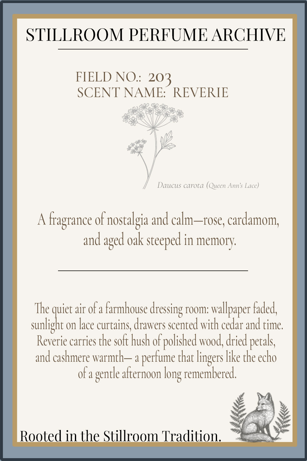 Stillroom Perfume Archive description card for 'Reverie' scent with floral illustration and text.