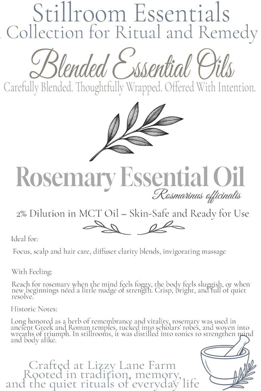 hover card for rosemary essential oil blend. featuring uses, history and other useful information. in the blended essential oil collection at lizzy lane farm.