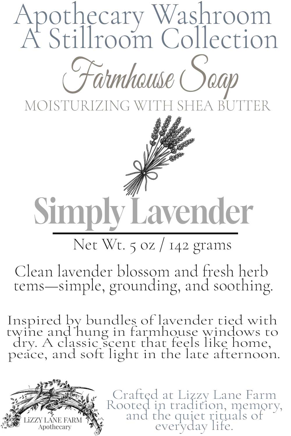 Hover card for Simply Lavender soap from the Apothecary Washroom Collection. Features scent notes of clean lavender blossom and herbaceous green stems, along with a short story about drying lavender bundles in farmhouse windows. Includes a lavender sprig line illustration and Lizzy Lane Farm branding.