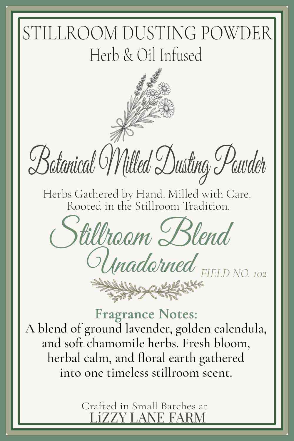 Stillroom Archive hover card showing field number, descriptors, and botanical engraving for the Dusting Powder collection.