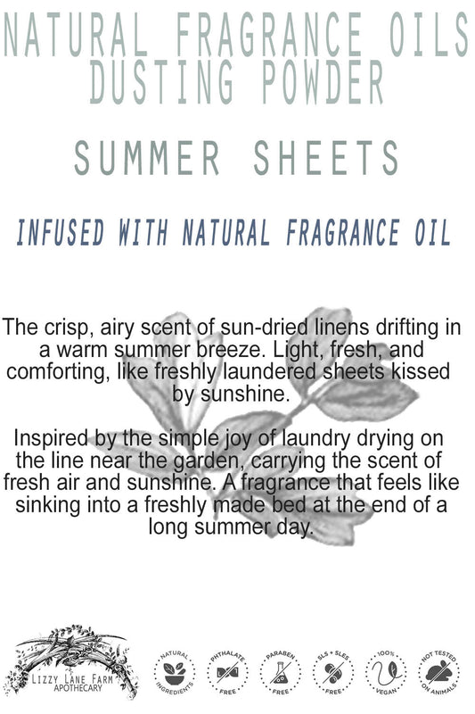 A delicate product card rests on crisp white linen, with soft fabric folds catching the light. The design reflects the airy freshness and nostalgic comfort of sun-dried laundry.